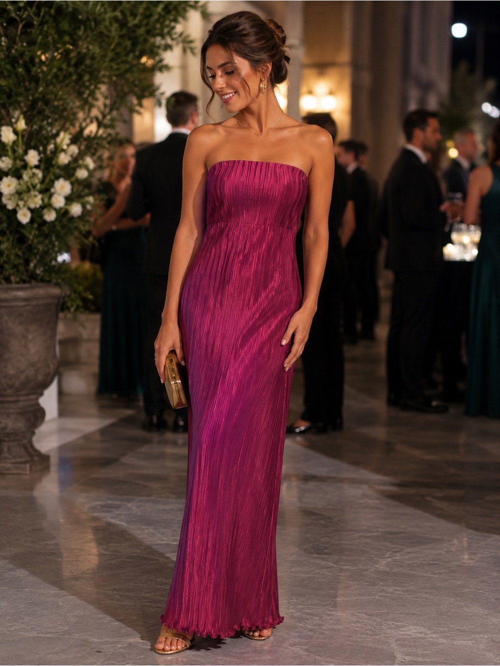 L’Idée Maya Strapless Gown – Red Berry Pleated Satin, Size 10, NWT